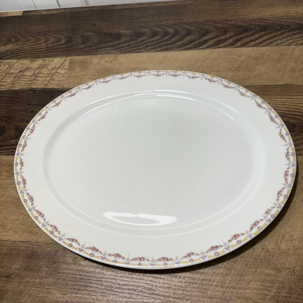 Antique Wm Guerin Limoges France GUE66 Pink Rose Swag Yellow Scroll 13" Platter